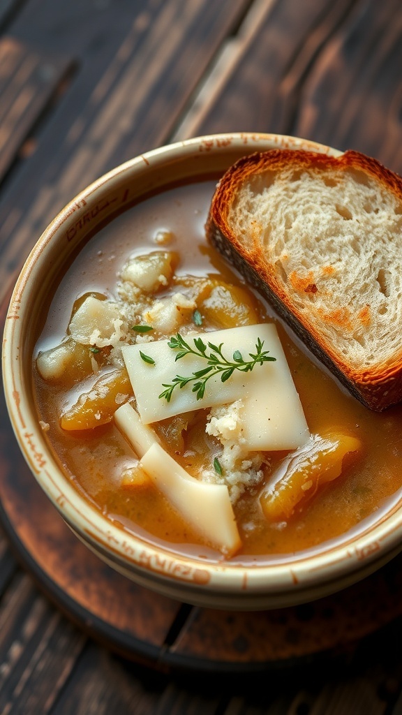 Classic French Onion Soup with Five Varieties of Onions A bowl of French onion soup with melted cheese and crusty bread on a wooden table.